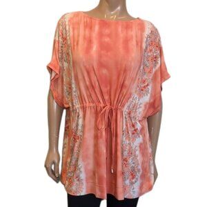 Michael Kors Coral Tie Dye Kaftan Tunic Top Drawstring Watercolor Swim Cover Up